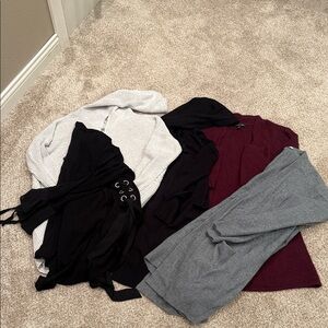 cardigans 2 black, 1 grey, 1 moss green Madewell brand, 1 maroon cashmere